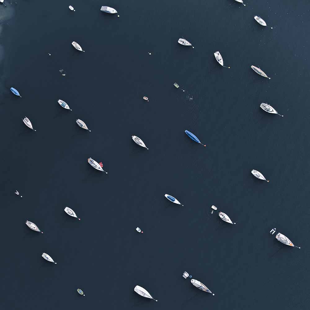 Sailing boats on lake, aerial view fine art photography