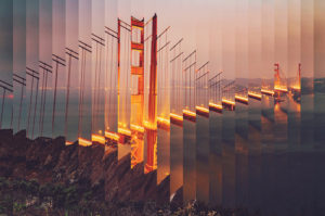 Surreal rearranged strips picture of the Golden Gate bridge at dusk with cool effect.