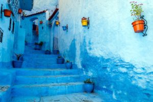Blue staircase & colourful flowerpots, Chefchaouen,Morocco,North Africa