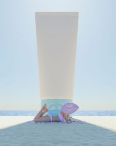 giant sunscreen canister shading woman lying on the beach