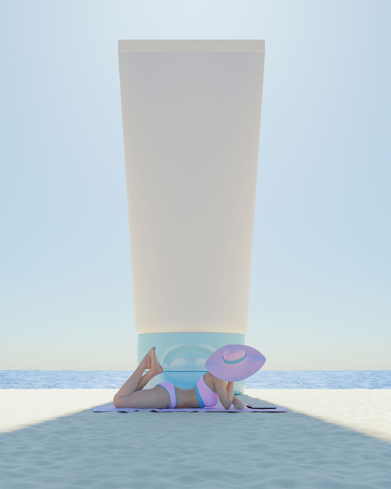 giant sunscreen canister shading woman lying on the beach fine art photography