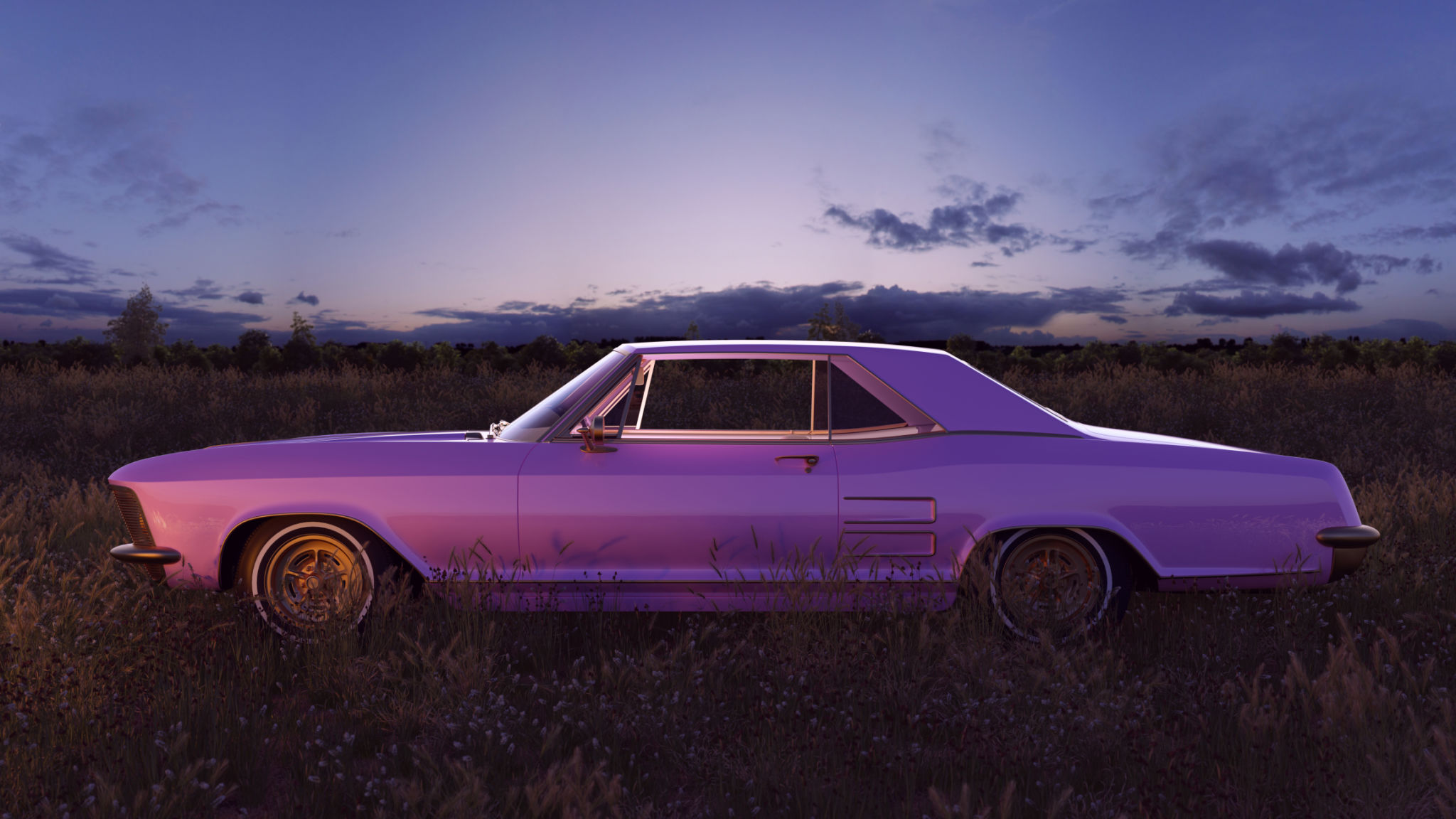 Pink 1970s American Classic Car in a Field at Sunset fine art photography